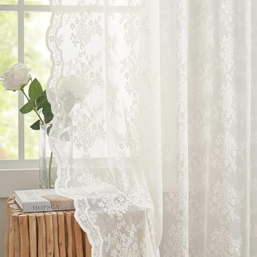 YJ YANJUN Schlaufenschal 2er Set Gardinen mit Ösen Beige Spitzenvorhänge Vorhang Voile Blumenmuster Durchsichtige Vorhänge für Wohn- und Schlafzimmer 2 Stück 140x175 (B*H) cm