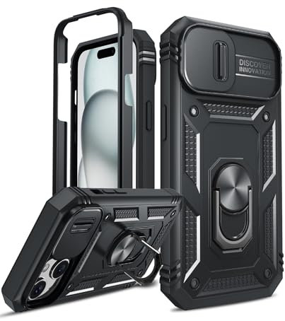 LeYi for iPhone 15 Plus Case with Camera Cover Slider(Not include Screen Protector), Front Frame+Back Case, Full Body Armour Military Grade Shockproof Phone Cover | Ring Stand Holder Black