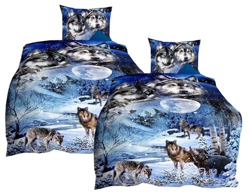 JACK by Kaeppel Mako Satin 4tlg. 135x200cm Digitaldruck Bettwäsche Wolf Nights Saphir Blau Anthrazit Grau Wölfe Mond