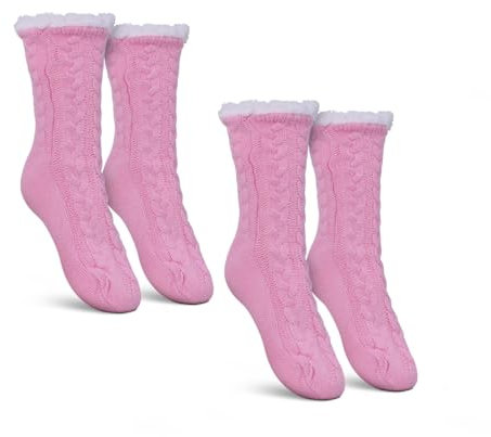 Bestlivings Haussocken Damen mit Teddyfutter - Hüttensocken mit Anti-Rutsch-Sohle - ABS Norweger Socken Zopfmuster - Kuschelsocken Einheitsgröße Stopper (Rosa (2 Paar))