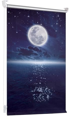 Verdunklungsrollo ohne Bohren/mit Bohren Thermorollo klemmfix Mond und Sterne Fluoreszierend B80 x H140 cm (Stoffbreite 75cm) Blau, Hitzeschutz und Sichtschutz, Wandmontage