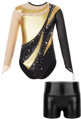 Hedmy Mädchen Turnanzug Gymnastikanzug Langarm Tanz Bekleidung Set Turnen Trikot Overall mit Kurze Hose Wettbewerb Tanzkostüm Gold & Schwarz 146-152
