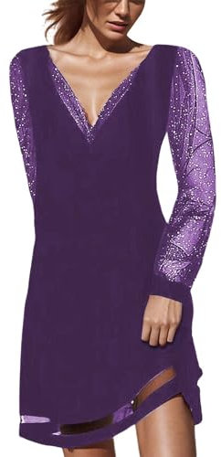 Mini robe à paillettes pour femme - Col en V - Manches longues - Maille transparente - Vintage - Robe de cocktail festive - Robe courte vintage élégante - Robe courte, lilas, XXXL