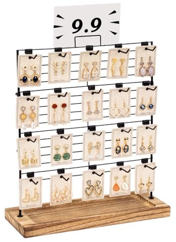 Emfogoo Porta Gioielli per Orecchini Gioielli, Espositore Orecchini a 4 Strati Porta Orecchini con Una Base di Legno, 20 Ganci Supporto Gioielli e Portagioie Orecchini (Metallo e Legno)