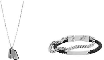 Fossil Halskette Für Männer Kleid, Silber Edelstahl Halskette, JF00494998 & Armband Für Männer Vintage Casual, Innenlänge: 180mm - 195mm Silber Edelstahlarmband, JF03325040