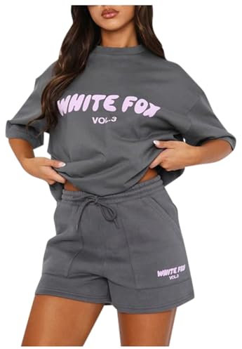 Veriliss Damen Trainingsanzug 2 Stück Sweatshirt Einfarbig Rundhals Pullover Bluse Sweatshirt Für Frauen Shorts Ärmel WEISSER FOX (Grau,XXL)