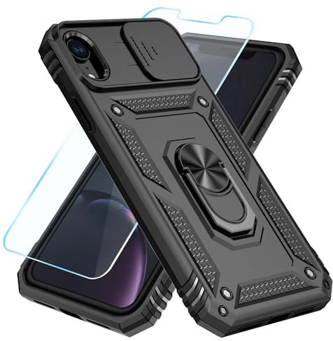 SunStory Compatible with iPhone XR Case with HD Screen Protector & Slide Camera Cover & Rotated Ring Kickstand, [Military-Grade] Phone Case for iPhone XR (Black)