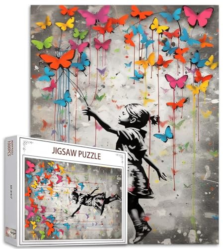 Tucocoo Butterfly Street Art Puzzle 1000 Teile Puzzles für Erwachsene, Banksy Little Girl Puzzles für anspruchsvolle Familienaktivitäten, buntes Puzzle für Heimdekoration, Geschenke, 50 x 70 cm