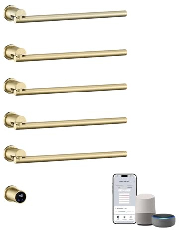 Toallero Electrico Empotrada Baño, WiFi Toallero Electrico con 5 Barras Giratorias 180º, 93W Calentador de Toallas Inteligente Secatoallas con App, Temporizador, Termostato, Oro