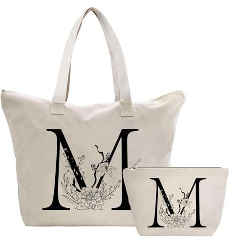 Personalisiert Initialen Tragetasche Canvas, Kosmetiktasche mit Reißver, Damen Handtasche Tote Bag, Einkaufstasche Geschenk für Frau Freundin Mama Schwester, Braut & Brautjungfern Schminktäschchen M