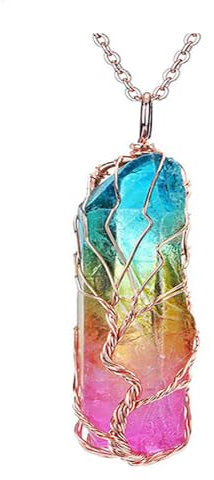 Semazz Tree Life Pandants Tree of Life Rainbow Crystal Necklace,Quartz Rock Pendant with Long Chain Chakra Pendant Necklace Rose Gold Wire Wrap Gemstone Necklace Jewellery