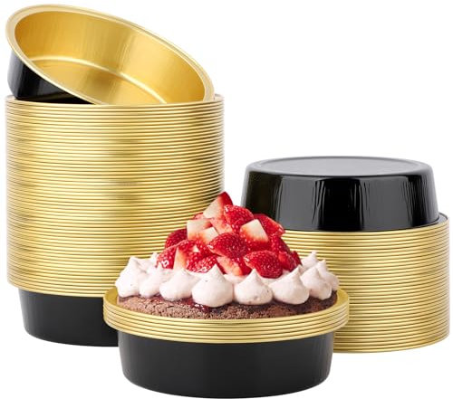 Beasea Lot de 100 ramequins jetables en aluminium de 10,2 cm, 215 ml, mini ramequins sans couvercles pour cupcakes – Tasses de cuisson en aluminium pour fête – Noir et doré