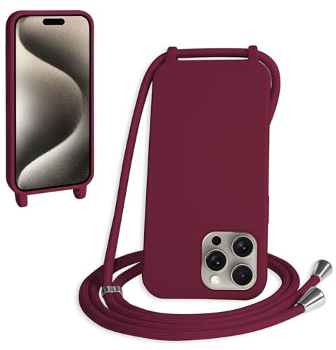 WenBaby Funda con Cuerda para iPhone 16 Pro, Líquida Silicona Carcasa con Cordón Ajustable Collar Correa de Cuello, Cubierta Prueba Golpes con Microfibra Forro (Rojo)