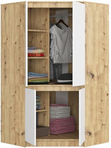BDW - Eckschrank Schlafzimmer - Kleiderschrank Groß - Schrank 100 cm breit, 180 cm hoch - Eckkleiderschrank mit Kleiderstange und Einlegeböden - Kleiderschrank Artisan-Eiche, Weiß