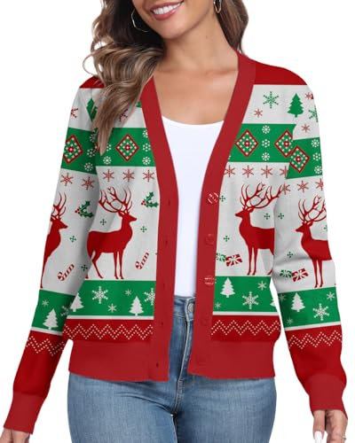 PrinStory Cardigan da donna aperto davanti lavorato a maglia a maniche lunghe maglione casual con bottoni donna a maniche lunghe cardigan, Natale bianco, L