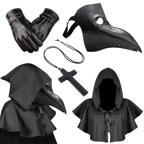 Costume Médecin de la Peste Masque Medecin Peste Noir Cape Cuir Gants Collier Croix Bois Masque Steampunk Scream Cosplay Masque Corbeau Costume de Docteur de Peste Accessoire de Costume D'Halloween
