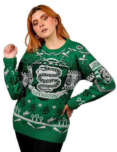 Harry Potter - Slytherin Weihnachtspullover Geschenk für Damen und Herren, Grün, Grau, Schwarz, L