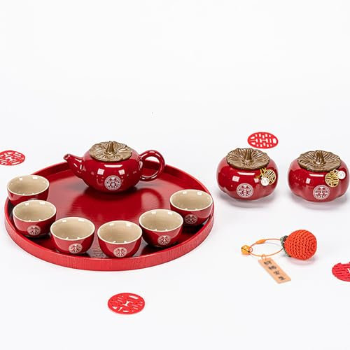 GZDZ Service à thé traditionnel chinois avec motif double bonheur, porcelaine rouge, pour jeunes mariés