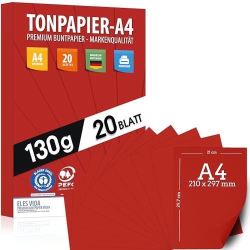 Tonpapier ROT - A4-130g/m² – Bastelpapier & Farbige Blätter, Kinder & DIY Bogen, Zubehör zum Basteln für Geschenke zum Kreativ sein Bedruckbar - BLAUER ENGEL & PEFC Zertifizierung - MADE IN GERMANY