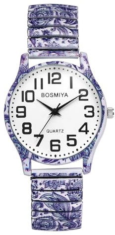 JewelryWe Damenuhr Boho Elastische Uhren: Vintage Blau-Weißes Porzellan Druck Analog Quarz Armbanduhr Damen Edelstahl Stretch Armband Lässige Uhr mit Zugarmband und ultraklaren großen Zahlen