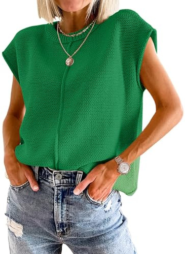Jhsnjnr Womens Sweater Vest Summer Loose Fit Cap Sleeve Shirt Lightweight Crewneck Tank Tops Knitted Sleeveless Blouse Green