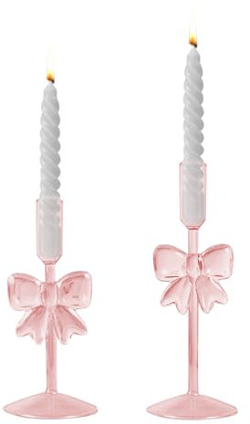 Kerzenständer Glas, 2 Stück Rosa Kerzenhalter Glas mit Schleife, Stabkerzenhalter Glas, Kerzenständer für Stabkerzen, Rosa Schleife Glas Kerzenhalter für Heimdekoration, Hochzeit Tischdekoration (A)