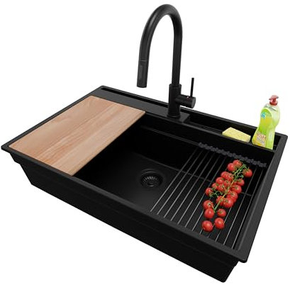 PRIMAGRAN Fregadero Granito Todo Negro 78x53cm, Cocina 1 Seno + Grifo 40x20cm + Sifón + Accesorios, Sobre encimera al mueble 80cm - Oslo Pocket