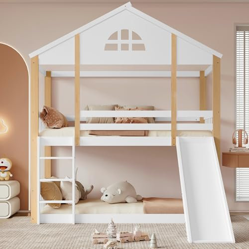 Lit cabane enfants 90x200 avec toboggan,Lit superposé Enfant avec barrières et échelle d'angle à trois marches,Interchangeable gauche et droite,cadre de lit enfant en bois massif,blanc+naturel