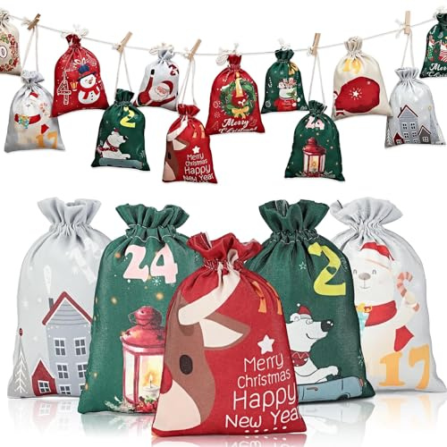 Adventskalender zum Befüllen, 24pcs Adventskalender Säckchen, Weihnachtskalender zum Befüllen, Weihnachtskalender zum Befüfüllen, DIY Adventskalendertasche aus Stoff(A)