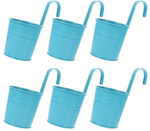HOUDERCO Maceta Colgante de Hierro 6 Piezas para Flores y Plantas | Azul, Resistente Corrosión, Diseño Colgante, Uso en Hogar y Malla Antirrobo