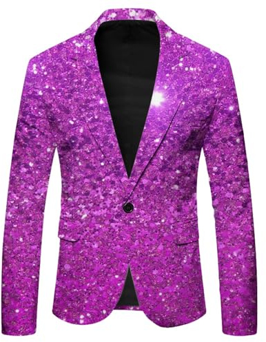 Generisch Giacca da uomo con paillette, oro glitterato, stampa 3D, slim fit, giacca da uomo, lucida, per feste, abbigliamento formale