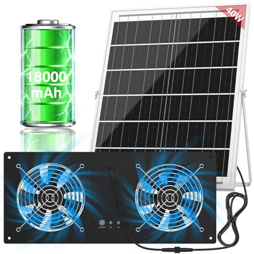 ANTEQI Solar Powered Fan with 18000mAh Battery & Timer, 40W 3500RPM High-Speed Solar Exhaust Fan, Low Noise Waterproof Ventilation for Chicken Coop, Greenhouse, Shed, Pet House & Window