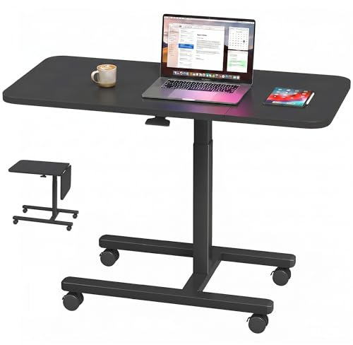 Klyvvo Höhenverstellbarer Beistelltisch 100cm Großer Platte, Schwarz | Computertische mit Rollen, Gasdruckfeder, C förmiger Laptoptisch, mobiler Tisch für Wohnzimmer, Schlafzimmer