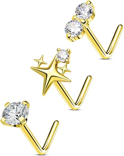 OUFER Body Piercing Nose Studs: 316L Stainless Steel L-Shaped Nose Bars 20G(0.8mm) 7mm Star Nostril Piercing Jewelry for Women Men Daily/Party Wear