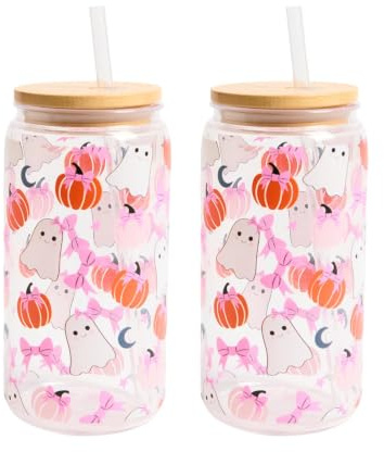 OHS Glass Cups with Lids and Straws Ghost Bow Plastic Cups 2 Pack, Multi | Pumpkin Halloween Style Clear Drinking Glasses with Bamboo Lids Iced Coffee Cups Glass Tumblers for Smoothie Soda Beer