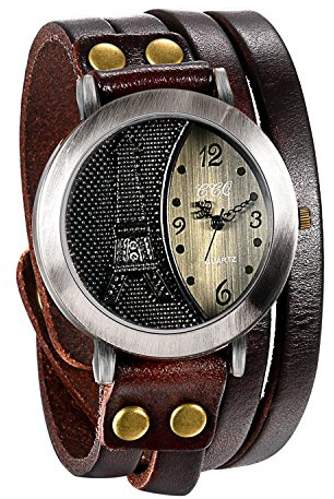 JewelryWe Women Mens Vintage Style Eiffel Tower Pattern Wrist Watch Multilayer Wrap Bracelet Quartz Wristwatch