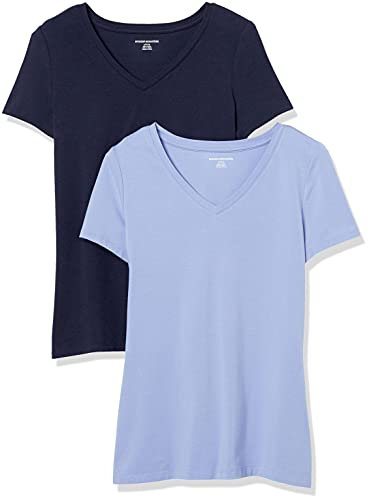 Amazon Essentials Camiseta de Manga Corta con Cuello en Pico y Corte Recto Mujer, Pack de 2, Morado/Azul Marino, L