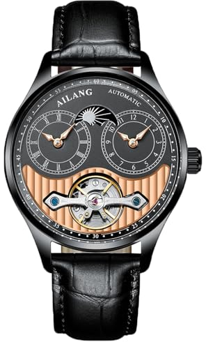 B BINGER Herren Automatik Uhren Dualzeit Clown Mondphase Ailang Serie Männer Armbanduhr (Schwarz Roségold)