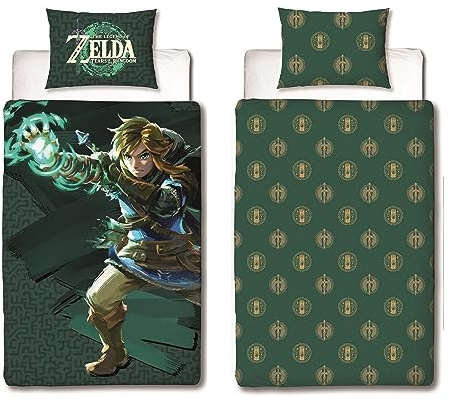 Character World, set di biancheria da letto double-face, motivo di “The Legend of Zelda”, 135 x 200 cm, 80 x 80 cm, 100% cotone linone con chiusura lampo