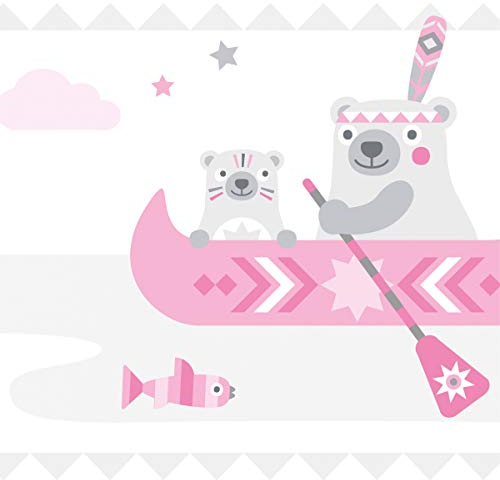 ANNA WAND Kinderzimmer Bordüre selbstklebend I Made in Germany I Tapetenbordüre 450 x 11,5 cm I Wandtattoo Mädchen & Junge I LITTLE INDIANS rosa/grau