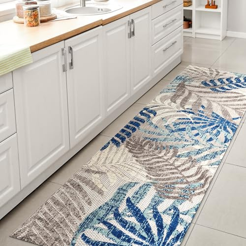JONATHAN Y Tropics Palm Leaves Teppich für drinnen und draußen, 60 x 240 cm, Grau/Blau
