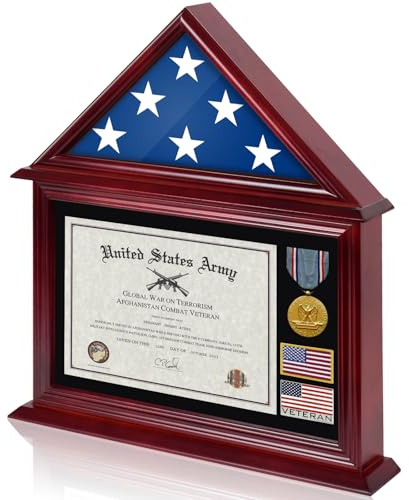 DecoWoodo Flaggen-Urkunden-Vitrine für gefaltete 90x150 cm große Flagge, Veteranenflagge, Vitrine für Amerika-Flagge, Flaggenschatten-Box, Militärflagge, Vitrine mit Mahagoni-Finish