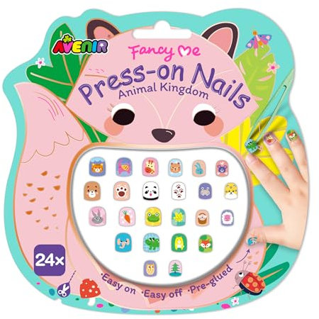 Avenir Nail Art Sticker Set,Animal Kingdom, Portable. Press on Nails for Kids, Full Cover Short False Nails for Girls for Birthday, Party, Christmas 3+