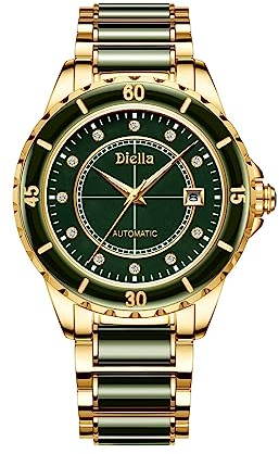 Diella Automatikuhren für Herren mit Jade & Edelstahl, Strass, Herren-Armbanduhren, luxuriös, mechanisch, wasserdicht, Kleid Uhr (Modell: AD6020)