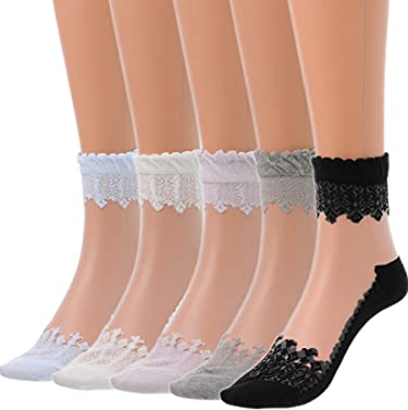 IYOU Women's Durchsichtige Knöchel Socken Nackt Spitze Transparent Mesh Socken Sommer Draußen Durchsichtige Socken für Frauen und Mädchen (5 Paare)