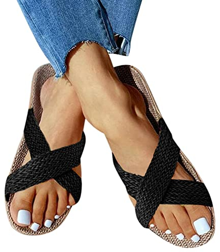 Dasongff Tong Plates Simple Jaune en Paille Femme Été Bande Croisée Sandales Corde Femme Été Nu Pied Femmes Plage Piscine Élégant Espadrilles Tong Sandale Ado Fille Bout Ouvert Slip-on Mode