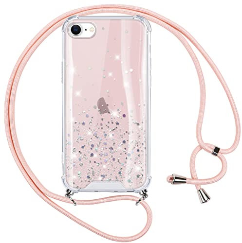 Vauki Coque Paillettes avec Cordon pour iPhone 8/iphone SE 2020/iPhone 7/SE 2022, Glitter Case avec Collier Silicone PC Antichoc Cover avec Réglable de Cordon Sparkle Etui pour iPhone 8, Rose