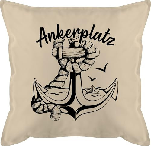 Shirtracer Kissen 50x50 - Statement - Ankerplatz mit Anker und Papierboot - 50 x 50 cm - Beige Natur - strandkorbkissen Statements maritim zierkissen Motiv kissenbezüge füllung für Couch