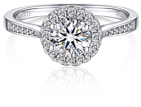 MomentWish Verlobungsring Damen Silber, Geschenk Frau zum Valentinstag, 1 Karat Moissainte Ring frauen Silber 925 Halo Jahrestag Geschenk für sie Freundin mit Geschenkbox-Größe58