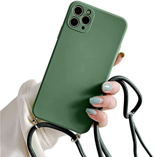 Mobile phone chain for iPhone 14 Pro Max 6.7, silicone case with lanyard smartphone necklace protective bumper with strap shockproof lanyard case cover Army Green